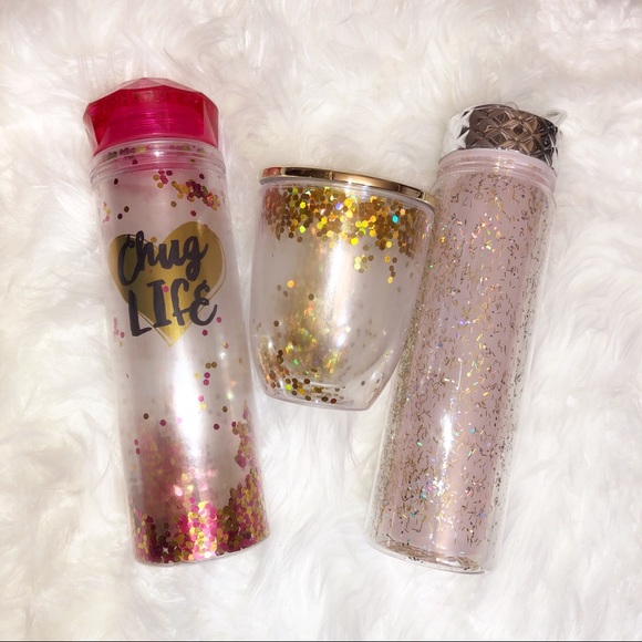 Set of Three Floating Glitter Water Bottle and Cup